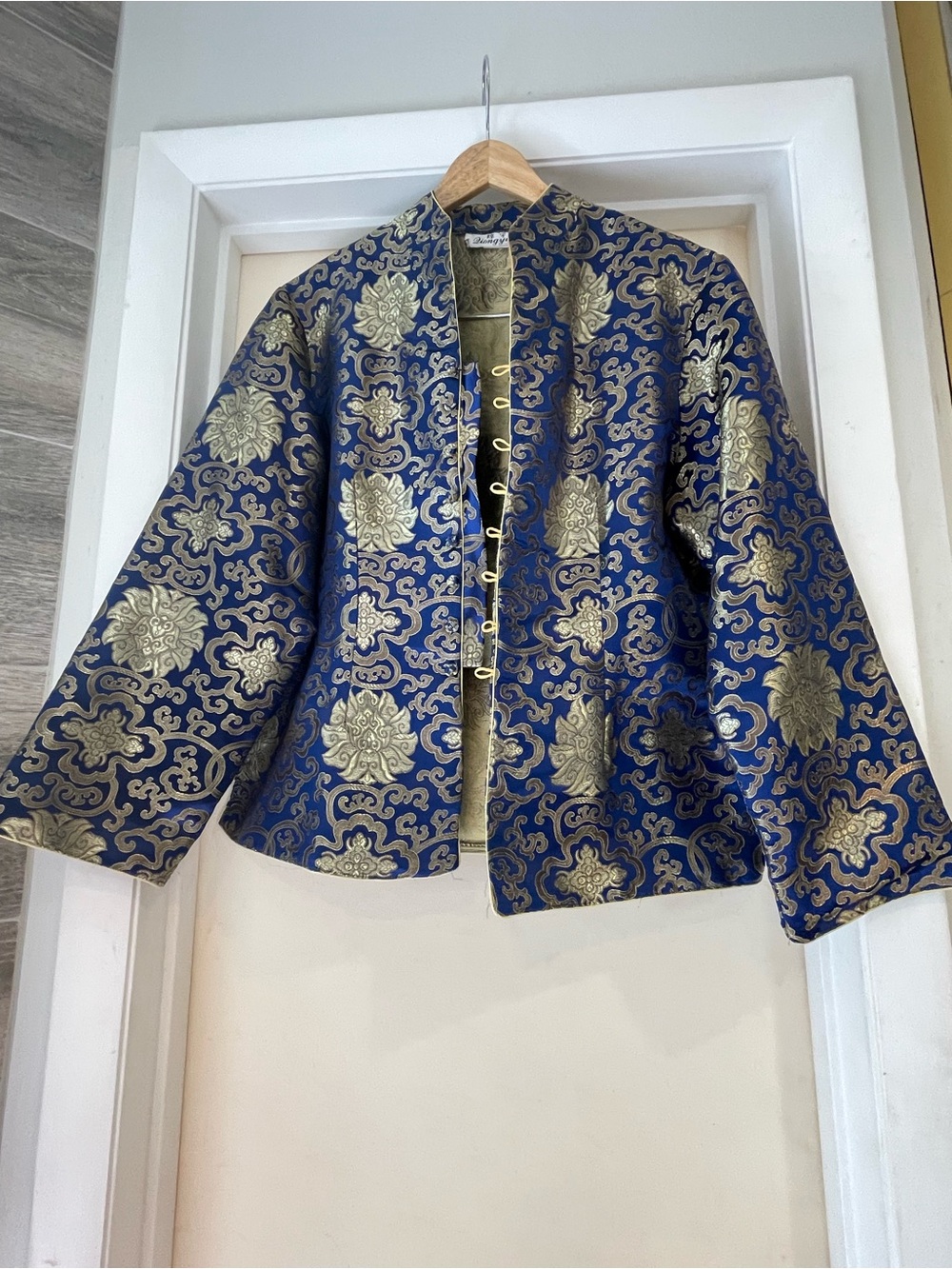 Women's Navy and Gold Brocade Jacket with Frog Closures Liongyu Vintage Silk